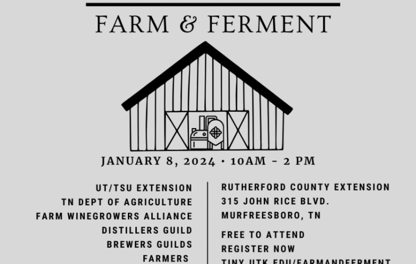 Image with barn and fermentation equipment with link to register for event