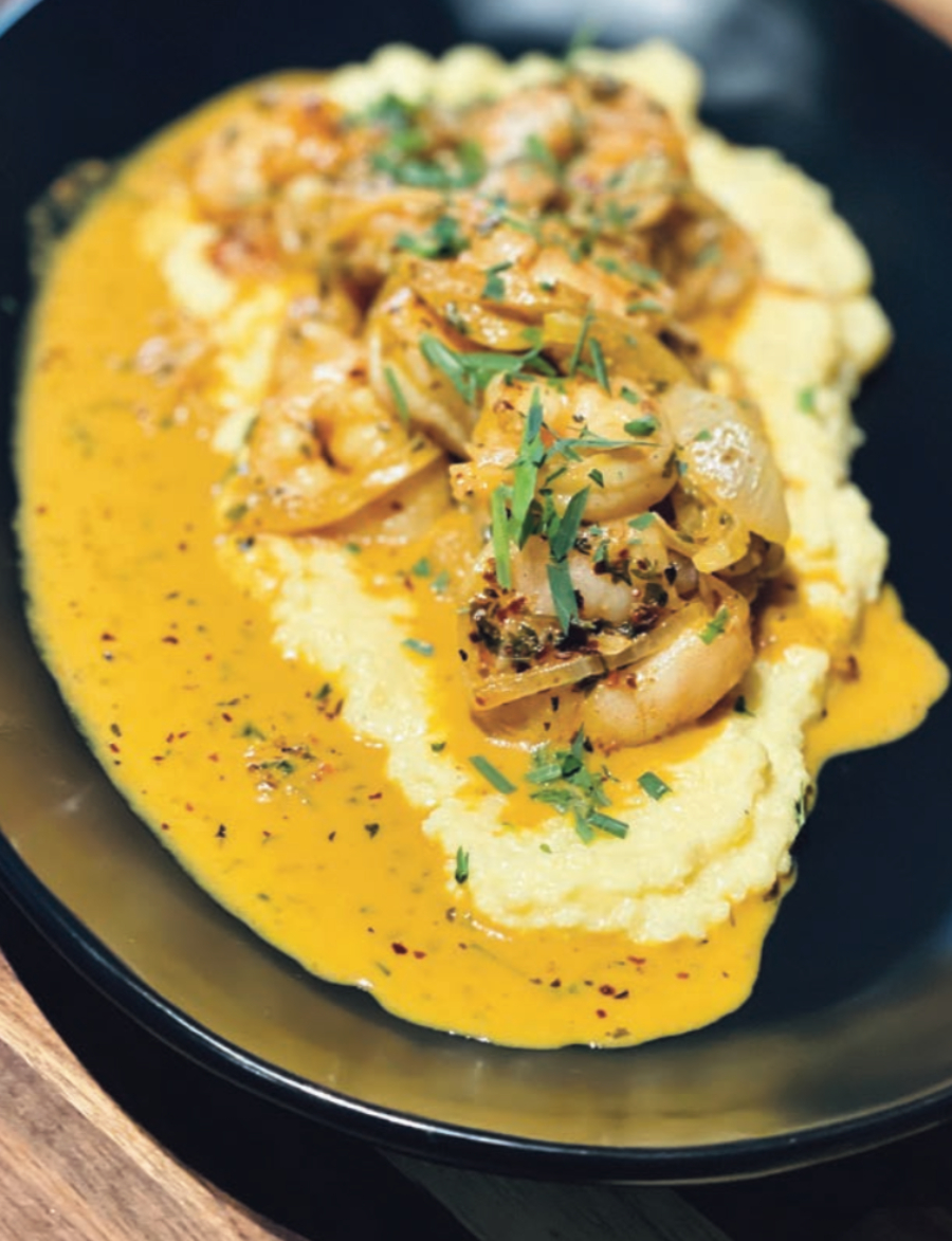 Honey-Harissa Shrimp and Feta Grits - Edible Nashville